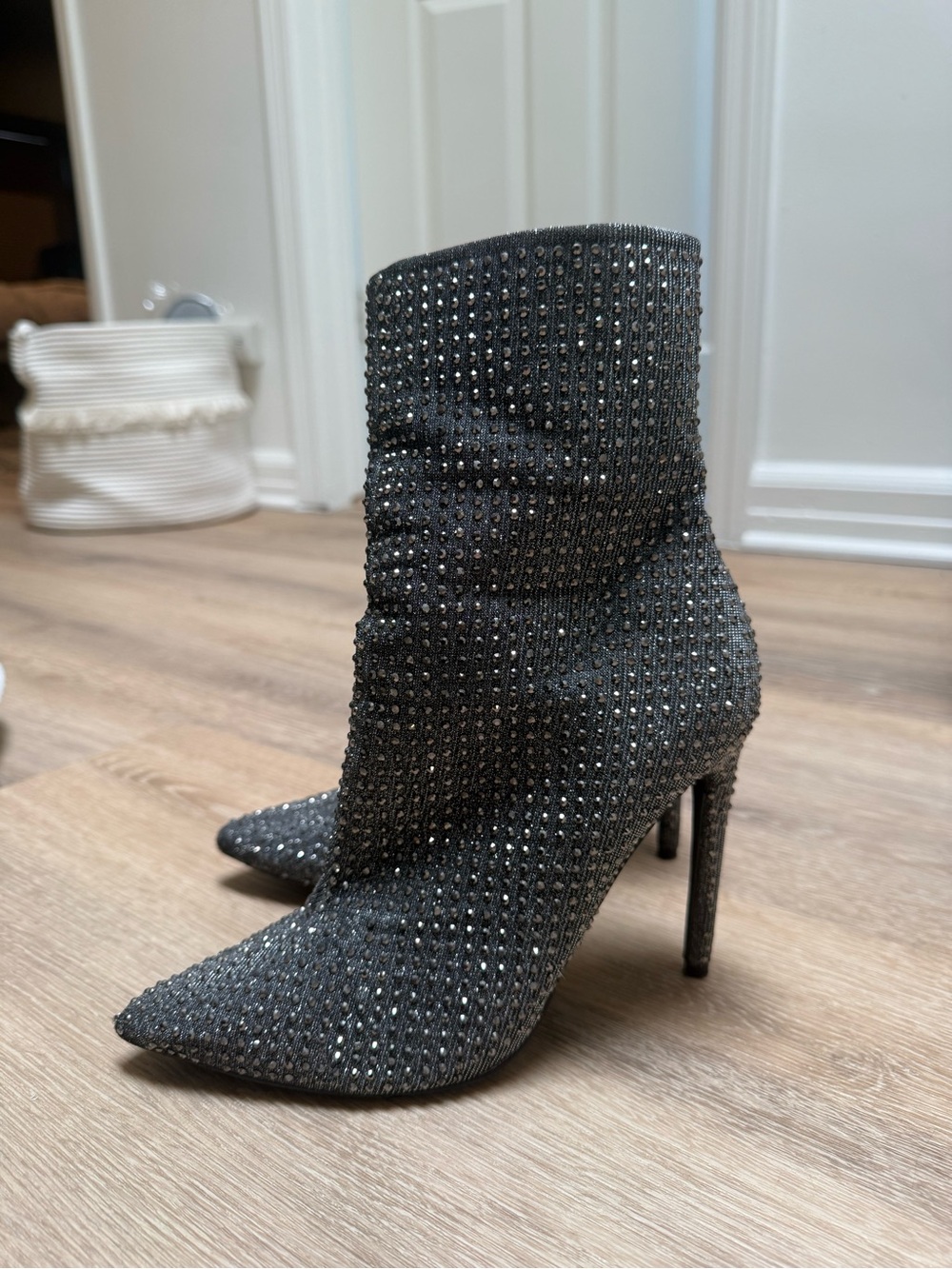 Steve Madden Black Rhinestone Pointed-Toe Stiletto Ankle Boots